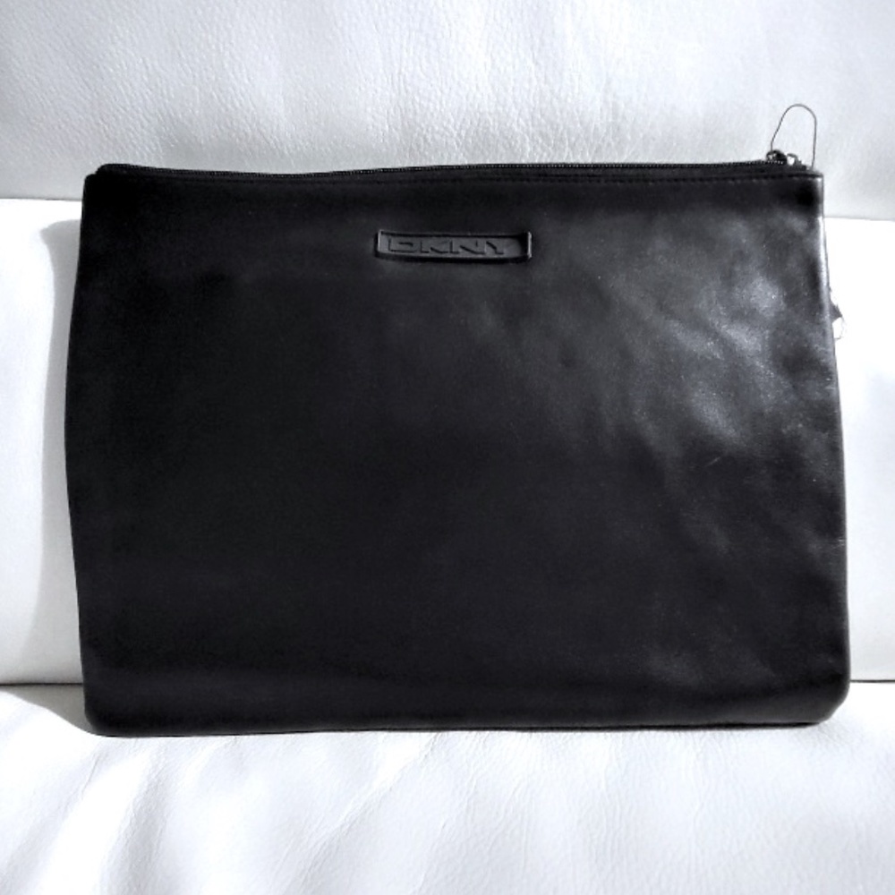 DKNY Black Leather Clutch /Pouch Zipper Top